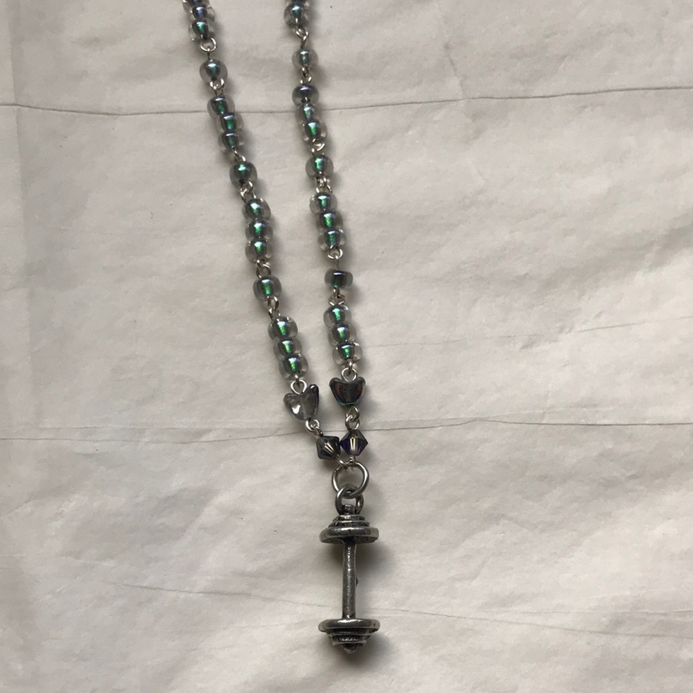 Silver dumbbell & iridescent crystals necklace
